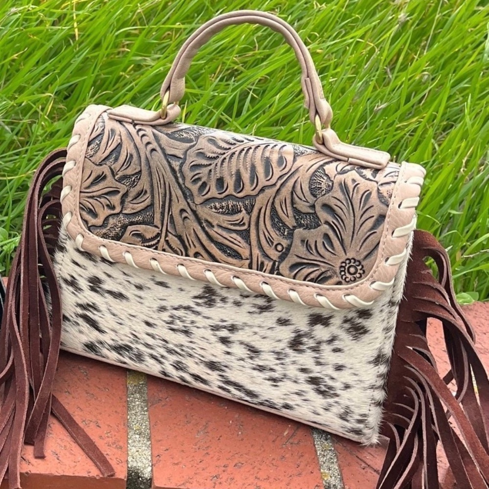 Tan leather cowhide fringe purse